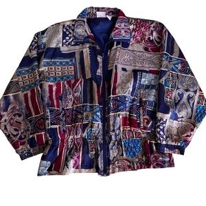 VTG Southern Expressions Silk Abstract 80s Patchwork Print Bomber Jacket Sz M